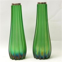 Iridescent art glass vases w silver rim