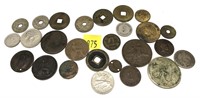 Lot, world coins including Ben Franklin token,