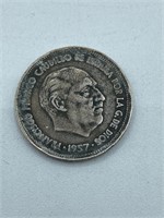 1957 Spanish 25 Ptas Estrella 65 Coin