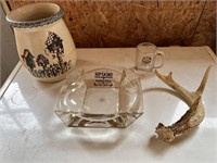 A&W mug, antler, ashtray, crock