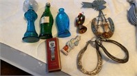 HORSE SHOES, BOTTLES, MISC AND CHEVY WATCH