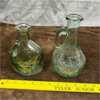 2 Vintage Green Glass Cruet Bottles