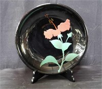 Asian hand painted lacquered bowl w/stand, 10 1/2"