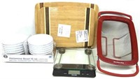 NEW (2) Cutting Boards, Strainer, Scale & Bowls