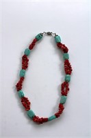 Turquoise & Coral Necklace 20.5" Long