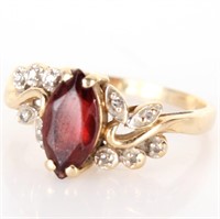 10K YELLOW GOLD MARQUIS GARNET DIAMOND LADIES RING