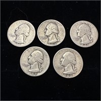 Coins: Lot of 5 Pre-1964 Quarters