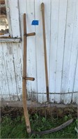 Antique 2 handled scythe and old pitchfork