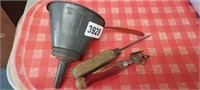 ANTIQUE FUNNEL, ICE PICK AND CAN OPENER