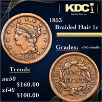 1853 Braided Hair Large Cent 1c Grades xf Details