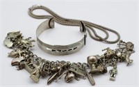 Sterling silver charm bracelet and other silver