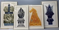 4 MCM Colored Etchings; Chess Themed; Signed