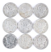 (9) x US SILVER MERCURY DIMES