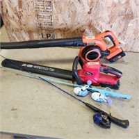 Battery trimmer & blower, fishing poles no charger