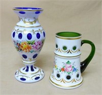 Bohemian Cut to Clear Glass Vase and Mug.