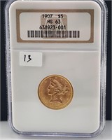 1907 $5 Gold NGC MS63