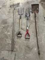 Rake, pitch fork, shovels