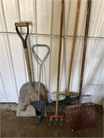 Shovel, rake, bulb planter, misc