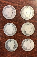 (6) Silver Barber Quarters (Various Dates)
