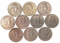 (10) 1962 Benjamin Franklin Silver Half Dollars