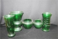 5 GREEN GLASS VASES AND PLANTERS