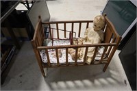 Doll crib, metal high chair & dolls