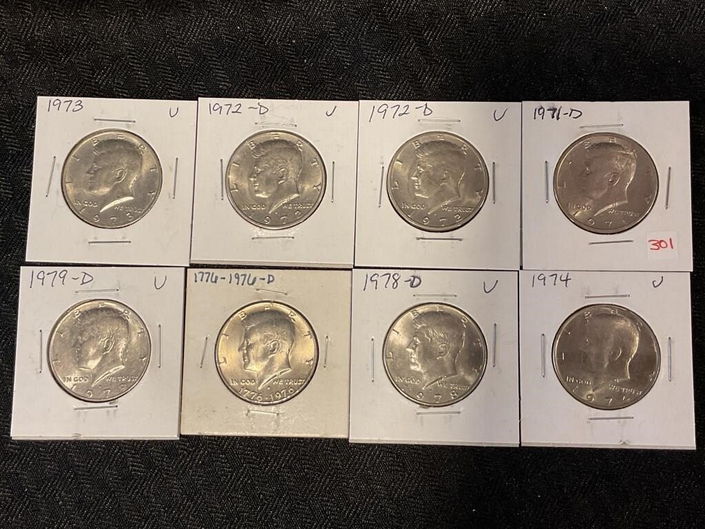 8 assorted date Kennedy half dollars