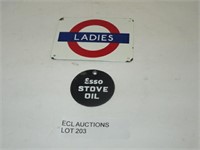 PORCELAIN WOMANS SIGN AND ESSO TAG