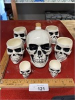 Vintage Halloween skull, decanter, drinking cups