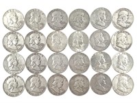 24 Franklin Silver Half Dollars, US Coins 1950-63