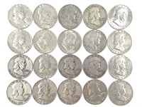 20 Franklin Silver Half Dollars, US Coins 1949-63
