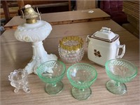Milk glass oil lamp, oak leaf tea canister,