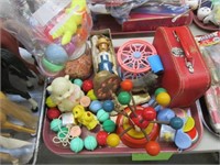 Tray of Vintage Baby Toys, Music Box, Viewmaster +