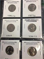 Six brilliant uncirculated Jefferson Nickels