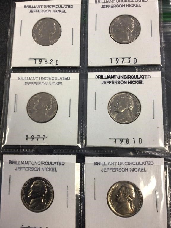 Six brilliant uncirculated Jefferson Nickels