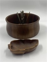 Wooden nut bowl, and utensils