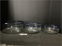 3 Blown Glass Bowls W/ Blue Rim.