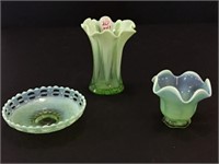 Lot of 3 Green Opalescent Glassware Pieces