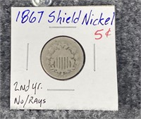 1867 Shield Nickel 2nd year no Rays