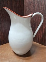 VINTAGE RED AND WHITE ENAMEL PITCHER