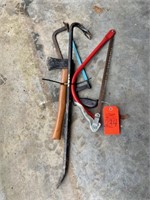 Box Lot with Saws, Crowbar and Hatchet