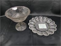 EARLY CLEAR GLASS EGG TRAY & PEDESTAL COMPOTE