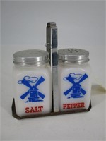 Milk Glass Salt and Pepper Shakers With Carrier