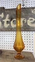 L.E. Smith Glass MCM Ribbed Amber Swung Vase with