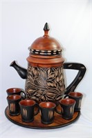 Hand Carved Wood Tea Set
