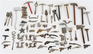LARGE LOT CAST IRON MINIATURE, TOOLS SOLDIERS ETC