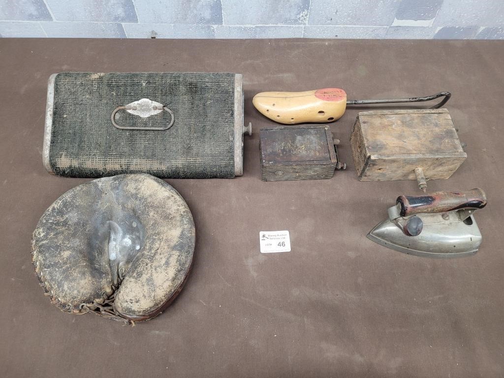 Antique ball mit, carriage heater, iron, etc