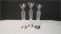 Sterling Silver lot 3 Class Vases Silver Base 1 LB