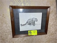 Framed pencil sketch of large cat, Adam Payne July