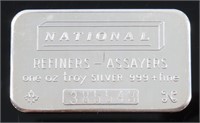 NATIONAL REFINERS ASSAYER'S 1 OZ 999 SILVER BAR